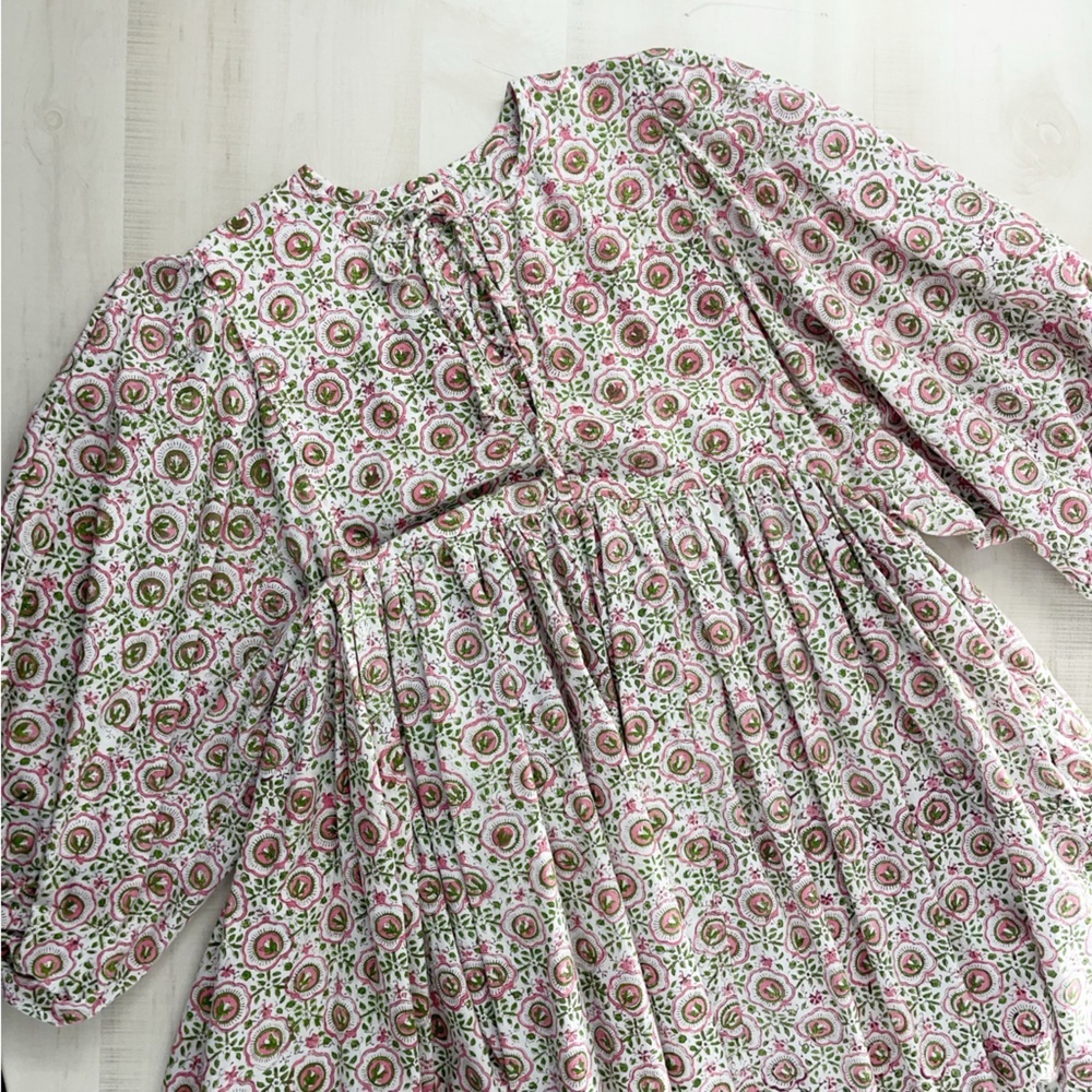 block print handmade India printed floral dress M Etsy pink green - Picture 7 of 8